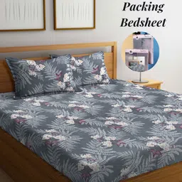 Arrabi Grey & White Floral 300 TC King Bedsheet with 2 Pillow Covers-image-89