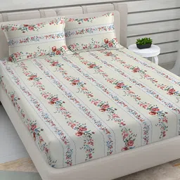 FABINALIV Cream-Coloured & Red Floral 300 TC King Bedsheet with 2 Pillow Covers-8