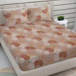 FABINALIV Brown & White Floral 300 TC King Bedsheet with 2 Pillow Covers-10