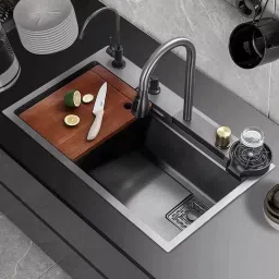 Waterfall and Pull-down Faucet/304 Grade Stainless Steel Multifunctional Waterfall Kitchen Sink 304 GRADE All in One 30x18 inch Under Counter Basin-image-47