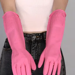 RBGIIT Pink 1 Pair Long Sleeves Multi-Purpose Cleaning Gloves-21