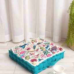 BLANC9 White & Turquoise Blue Tropical Printed Square Floor Cushion-53