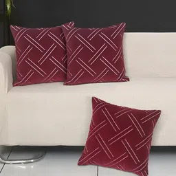 Ode & Cleo Maroon 3 Pieces Geometric Printed Pure Cotton Square Cushion Covers-image-10