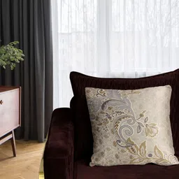 Tasseled Home Beige & Gold-Toned Ethnic Motifs Velvet Square Cushion Cover-image-86