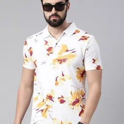 Kryptic Floral Printed Polo Collar Pure Cotton T-shirt-image-74