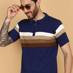 V-Mart Striped Polo Collar Jacquard Cotton T-shirt-image-46