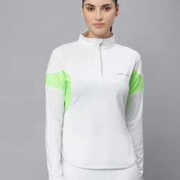 JUMP USA Women White & Fluorescent Green High Neck T-shirt-image-87