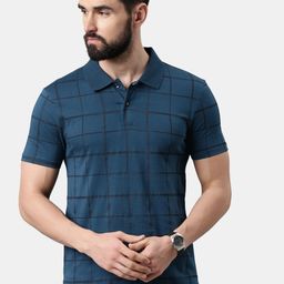 Kryptic Men Blue Checked Pure Cotton Polo Collar T-shirt-image-64