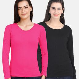 Fleximaa Women Pink & Black Set Of 2 Cotton T-shirt-37