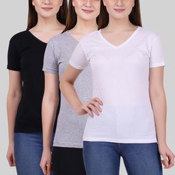 Fleximaa Women Black & White Pack of 3 V-Neck Cotton T-shirt-image-65