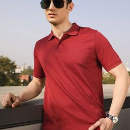 Louis Philippe Men Rust Red Printed Polo Collar Pure Cotton T-shirt-image-65