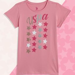 U.S. Polo Assn. Kids Girls Pink Brand Logo Printed Pure Cotton T-shirt-image-37