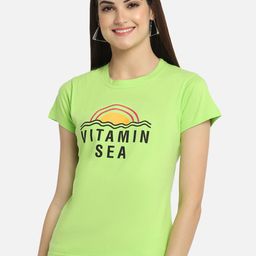 Fabflee Women Green Typography Printed Round Neck Cotton T-shirt-picture-4