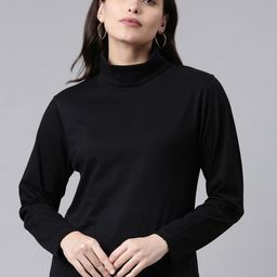 Kryptic Women Black Cotton Stretch Solid High Neck T-shirt-image-12