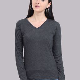 Fleximaa Women Charcoal Grey Solid V-Neck T-shirt-image-97