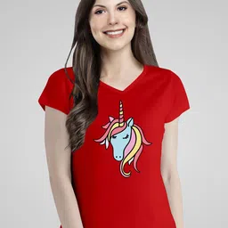 Pootlu Women Red Unicorn Printed V-Neck T-shirt-image-88