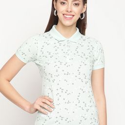 METTLE Women Green & White Printed Polo Collar Cotton T-shirt-picture-23