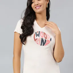 Woodland Women Peach-Coloured Typography Printed V-Neck T-shirt-image-35