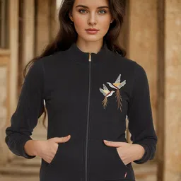 RARE Black Birds Embroidered Mock Collar Fleece Front Open Sweatshirt-picture-9