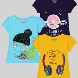 KUCHIPOO Girls Pack Of 3 Graphic Printed Round Neck Cotton T-shirts-image-21