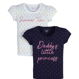 PLUM TREE Girls Pack of 2 Navy Blue  White Typography Printed Cotton Pure Cotton T-shirt-image-38