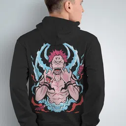 Crazymonk Ryomen Sukuna Printed Anime Hooded Cotton Pullover-image-11
