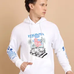 HIGHLANDER White Relaxed Fit Graphic Printed Hooded Pullover-image-1
