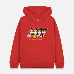 Kids Ville Girls Red Wonder Woman Printed Hooded Sweatshirt-image-43