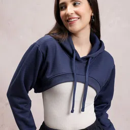 Tokyo Talkies Navy Blue Typography Printed Hooded Crop Sweatshirt-image-24