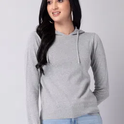 FabAlley Grey Long Sleeves Hooded Pure Cotton Sweatshirt-image-1