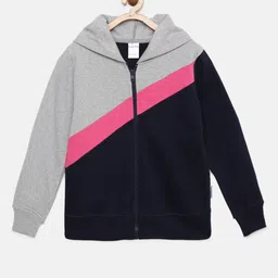 mackly Girls Navy Blue & Grey Colourblocked Hooded Front-Open Sweatshirt-image-46
