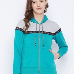 FirstKrush Women Teal Colourblocked Hooded Sweatshirt-image-8