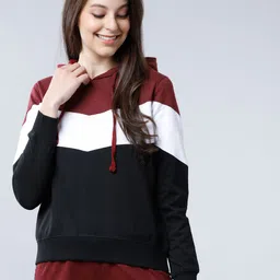 Tokyo Talkies Women Maroon & White Colourblocked Hooded Sweatshirt-image-98