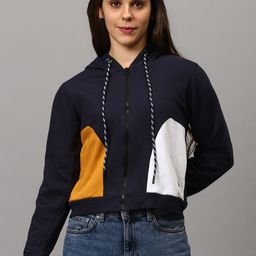Campus Sutra Women Navy Blue Colourblocked Hooded Sweatshirt-image-89
