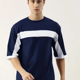 Maniac Men Navy Blue & White Colourblocked Drop-Shoulder Sleeves Boxy T-shirt-image-27