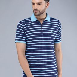 TQS Men Navy Blue Striped Polo Collar Pure Cotton Slim Fit T-shirt-image-99