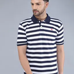TQS Men Navy Blue Striped Polo Collar Slim Fit T-shirt-picture-41