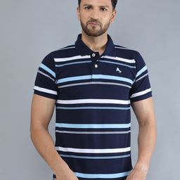 TQS Men Navy Blue & White Striped Polo Collar Pure Cotton Slim Fit T-shirt-picture-53