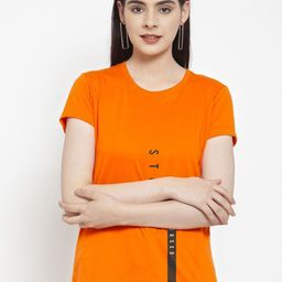 Friskers Women Orange Typography Printed Applique T-shirt-image-24