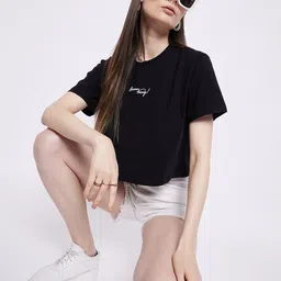 Mast & Harbour Black Relaxed Fit Crop Pure Cotton T-shirt-picture-46
