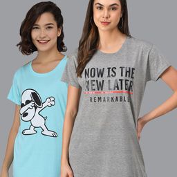 Christy World Pack Of 2 Typography Printed Pure Cotton T-Shirt Nightdress-picture-21