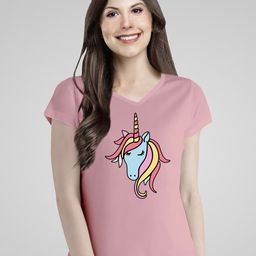 Pootlu Women Pink Printed V-Neck Extended Sleeves T-shirt-image-119