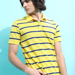 HIGHLANDER Yellow & Blue Striped Polo Collar Slim Fit T-shirt-picture-46