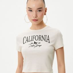 Koton Typography Printed Crop Pure Cotton Slim Fit T-shirt-image-9