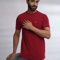 JADE BLUE Round Neck Pure Cotton Slim Fit T-shirt-image-69