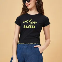 People Black Ribbed Typography Printed Slim Fit Casual T-shirt-image-90