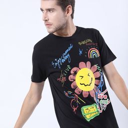 Ketch Men Black Graphic Printed Raw Edge Slim Fit T-shirt-image-66