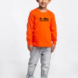Friskers Boys Orange Typography Printed Applique Slim Fit T-shirt-image-100