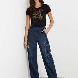 GUESS Women Embellished Typography Printed Round Neck Slim Fit T-shirt-image-89