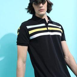 HIGHLANDER Black Striped Polo Collar Slim Fit Casual T-Shirt-image-68